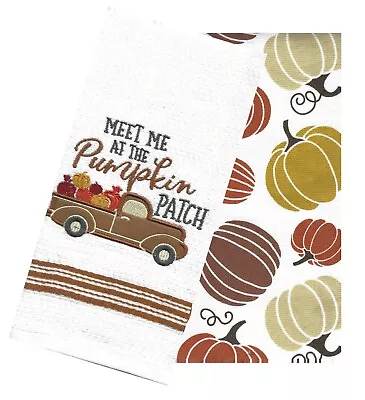 Fall Kitchen Towels Bronze Truck Set Of 2 Meet Me At The Pumpkin Patch Embroider • $16