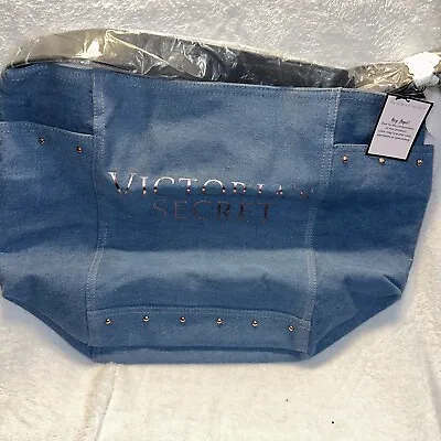 Victorias Secret Denim Bag Blue Large Tote Rose Gold Stud Trim NWT • $18