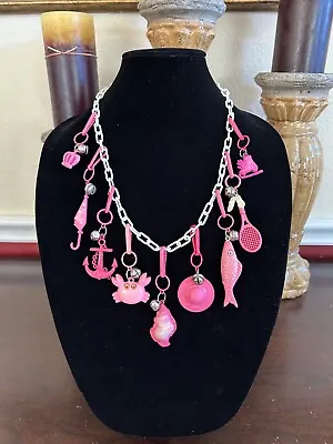 Vintage 80s Plastic Bell Charm Necklace All Pink Charms On White Chain • $89.99