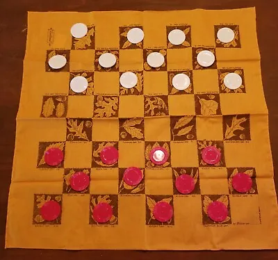 Vintage Cloth Checkers Game - Oak Print - W/ Checkers Portable Checkers Game • $24.99