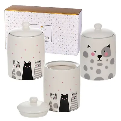 Ceramic Storage Jars Tea Coffee Sugar Set 3 Canisters With Lids Cat Themed Gift • £34.99