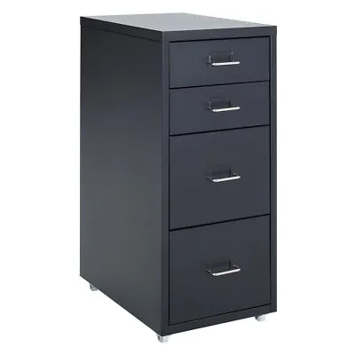 Black 4 Drawers Filing Cabinet Organizer Metal File Storage Cupboard On Castors • £49.95
