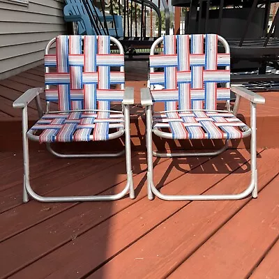 2 Vintage 60’s Web Aluminum Folding Lawn Chair Mid Century Childrens Kids Pair • $44.97