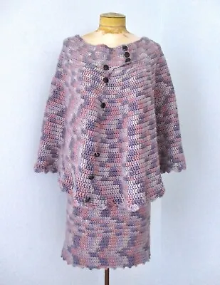 Vtg 70s Variegated Purple Pink Hand Made Crochet 2-Pc Poncho Cape Skirt Suit M/L • $65