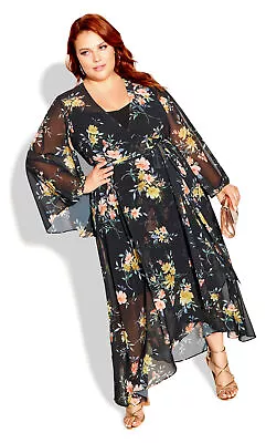 $50 • Buy City Chic Womens Plus Size Fleetwood Print Maxi Dress Long Sleeves - Black