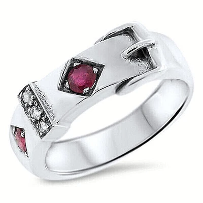 $31 • Buy Genuine Ruby & White Topaz 925 Sterling Silver Victorian Style Buckle Ring  831z