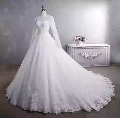 Elegant Muslim Wedding Dress High Neck Long Sleeves Lace Embroidery Bridal Gowns • $148.60