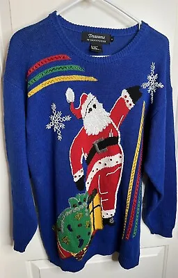 Vtg Blue Christmas Sweater Santa Rainbow I. B. Diffusion Womens M • $13.50