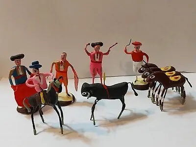 7 Vtg Miniature Mexican Folk Art Clay Wire Pottery Bull Matador Horses Figurines • $29.99