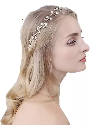 Women Bridal Hair Vine Wedding Crystal Pearl Bridal Hair Band Headdress Gold • £4.99