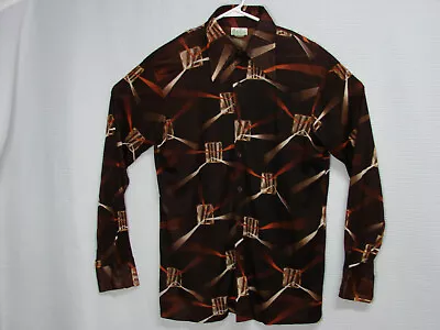 Vtg 70's Kings Road Knit Brown Geo Print Disco Shirt Hipster Hippie Mod Mens L • $29.95