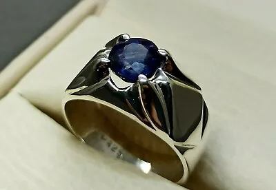 Natural Round Cut 1 Ct Deep Blue Sapphire Sterling Silver 925 Handmade Mens Ring • $120