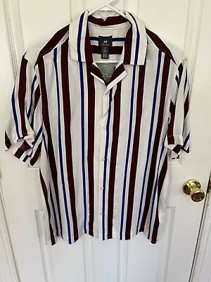 H&M Button Up  Mens Medium Regular Fit ShortSleeve White/Burgundy/Striped E2 NWT • $14.99