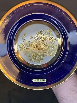 Navy & Gold Peacock Plate Vintage Chokin Samurai Art 24kt Gold Edge 8  Japan • $15