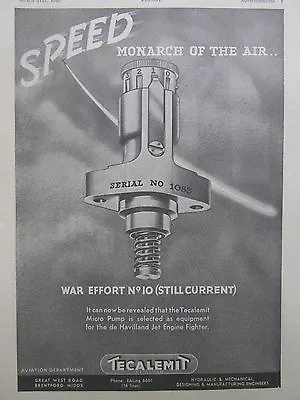 £10.52 • Buy 6/1945 Pub Tecalemit Aircraft Micro Pump De Havilland Jet Engine Original Ad