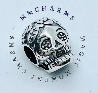 Sterling Silver S925 - SKULL With Roses - Day Of The Dead- Mexican Charm & Pouch • £10.99