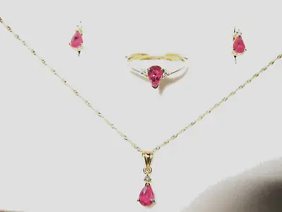 Ruby & Diamond 18ct Gold Jewellery Set Necklace Earrings & Ring Size N New • £895