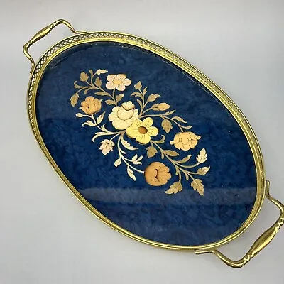 Vintage Italian 16” Blue Marquetry Wood Floral Inlay Brass Handle Bar Tray Italy • $55