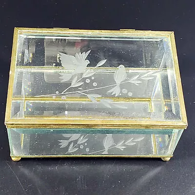 Vintage Mirrored Footed Brass Tone Etched Bird Beveled Glass Trinket Jewelry Box • $22