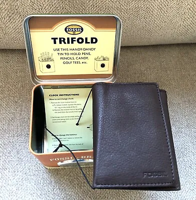 Fossil Brand Black Leather Trifold Wallet In A Clock Tin – NEW  With Tags • $24.95