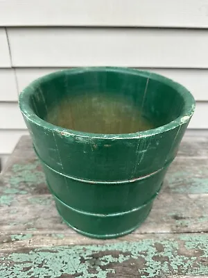 VTG Primitive Style 9  WOODEN STAVED BUCKET Metal Rings Christmas Green 1963 TJ5 • $25