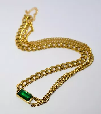 Vintage 14k Gold Filled Ladies Double Chain Necklace With Green Gemstone • $4.25