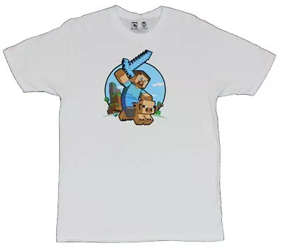 Minecraft Mens T-Shirt - Steve Circle Pig Ride Image • $14.98