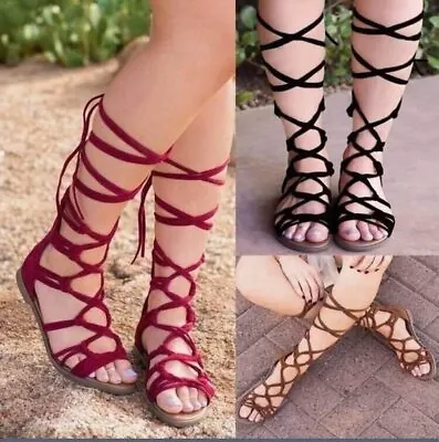 Women Flat Gladiator Sandals Knee High Strappy Beach Shoes Cut Lace Up Boots • $27.89