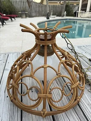 Vintage MCM Large Bamboo Rattan Hanging Light Lamp EUC Well Made • $249.99