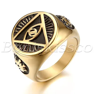 Men Gold Plated Stainless Steel Illuminati All-Seeing-Eye Pyramid Band Ring 7-13 • $8.99