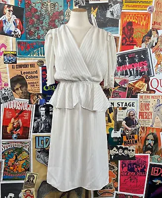 Vintage Womens 80s White & Rainbow Striped Peplum Surplice Neck Dress Size 2/4 • $24.99