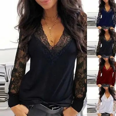 Womens Lace V Neck Tops Ladies Long Sleeve Casual Loose T Shirt Blouse Shirts 14 • £11.19