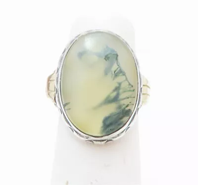 Vintage 14K & Sterling Silver ~17.5x12.5MM Oval Bezel Set Moss Agate Ring  • $35