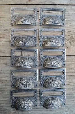 £41.79 • Buy A Set Of 10 Large Edwardian Cast Iron Label Frame Handle Filing Drawer Pull Cb10