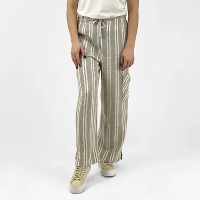 £8.95 • Buy Ex M&S Striped Linen Cargo Pants Trousers Wide Leg Drawstring Waist Size 6 - 32