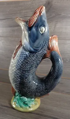 Majolica Gurgling Fish Water Pitcher Vase 10-3/4  Tall • $89.99