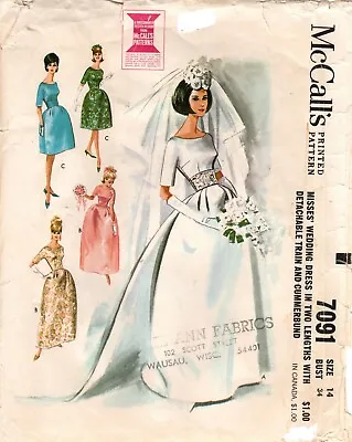 Vtg 1963 McCall's 7091 Fitted Midriff Bridal Gown Formal Dress Size 14 Bust 34 • $5