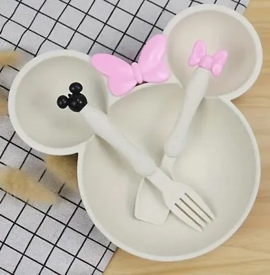 Minnie Mouse 3 Compartment Bowl Spoon And Fork Dinner Set - Beige Pink & Black • £10.99