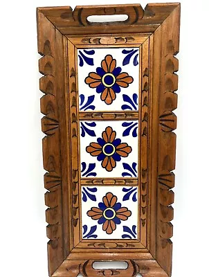 Vintage Mexican Hand Carved Wood Tray Ceramic Tile Centerpiece Wall Hanging 19” • $29.99