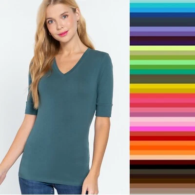 $6.26 • Buy V Neck Elbow Length 3/4 T Shirt Top Active Basic Junior  STORE CLOSING