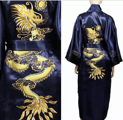 Men's Satin Silk Dragon Robe Japanese Kimono Dressing Gown Bath Nightwear New • £21.30