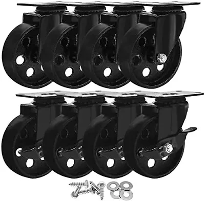 FactorDuty 8 Pack 4 All Black Metal Swivel Plate Caster Wheels Heavy Duty High-G • $80.73