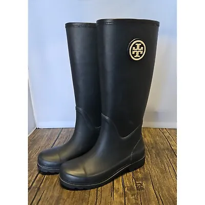 Tory Burch Sarah Tall Black Rubber Rain Boots Size 6/6.5 • $89.99