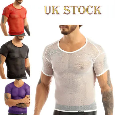 Men's Mesh See Through T-Shirt Fishnet Muscle Tank Top Short Sleeve Tops Tee • £10.99