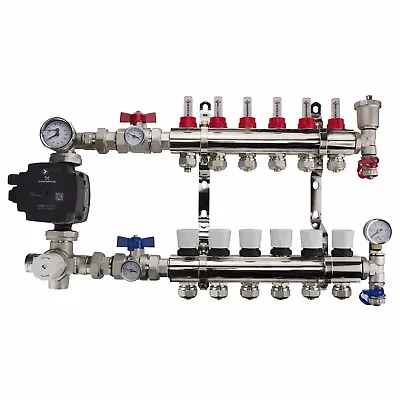 Underfloor Heating Brass 2-12 Ports Manifold + Grundfos / Wilo Pump + Pipe Conns • £98.99