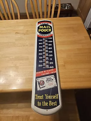 Vintage MAIL POUCH Chew Tobacco Metal THERMOMETER Advertising Sign 39x8  • $400