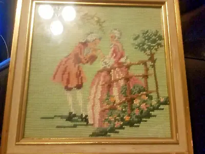 Courting Couple Country Scene Gold Wood Vintage Framed Needlepoint Picture • $24.99