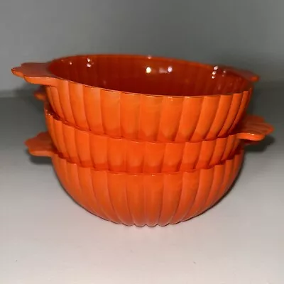 Set Of Three Vintage Hazel Atlas Orange Platonite Berry Bowls With Handles • $27