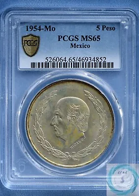 Mexico 1954-Mo 5 Pesos Hidalgo PCGS MS65 - Rare & Spectacular PQ Coin • $789.99