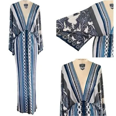 S-TWELVE V-Neck Kimono Sleeve Maxi Kaftan Dress In Paisley Blue Size S • $45.50